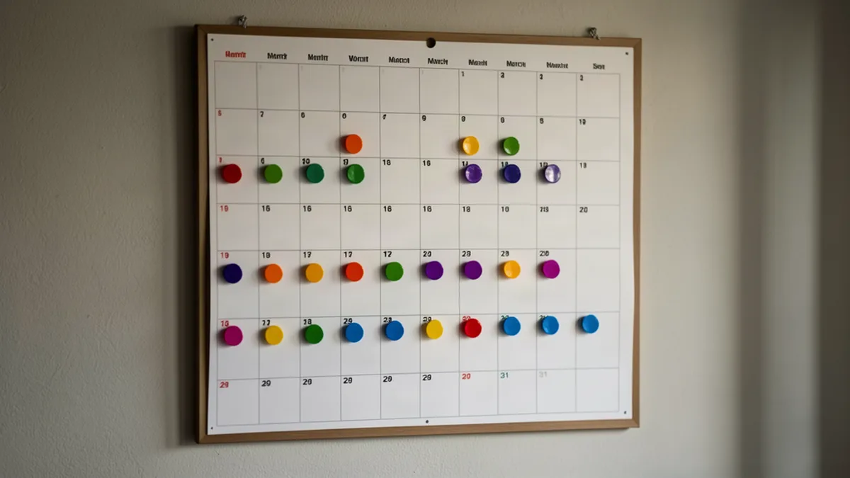 Calendrier mural avec des aimants sur les dates de match