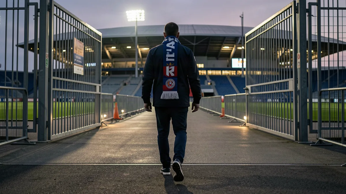 Un supporter de Ligue 1 marche vers les grilles du stade, écharpe au cou