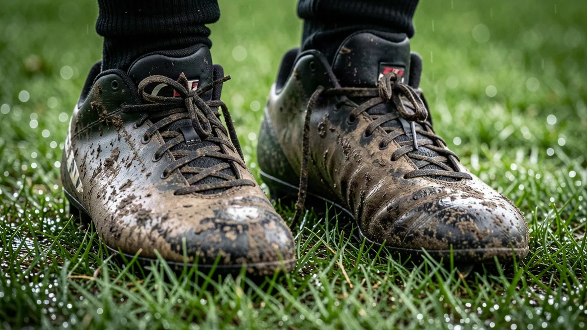 Crampons usés posés sur la pelouse humide d’un stade de Ligue 1