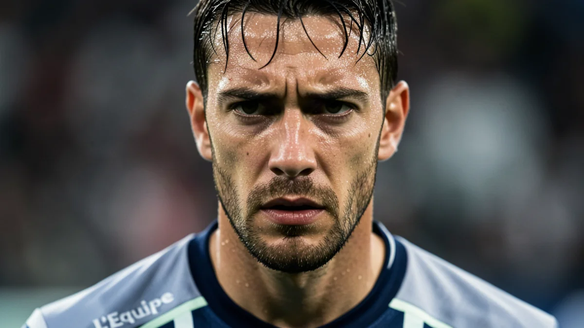 Visage d’un gardien de Ligue 1 en tension, regard fixe et peau perlée de sueur après une relance risquée.