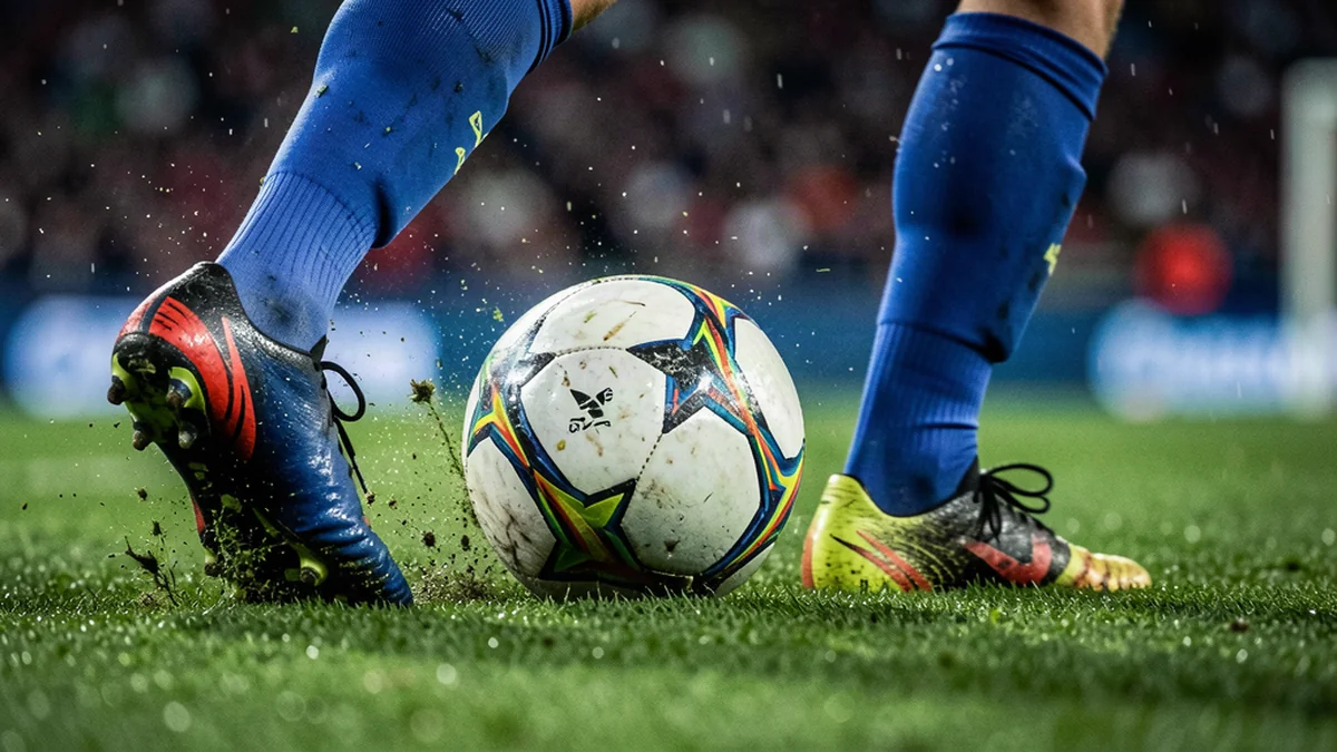 Gros plan sur les crampons et le ballon au moment d’une passe courte sur pelouse humide.