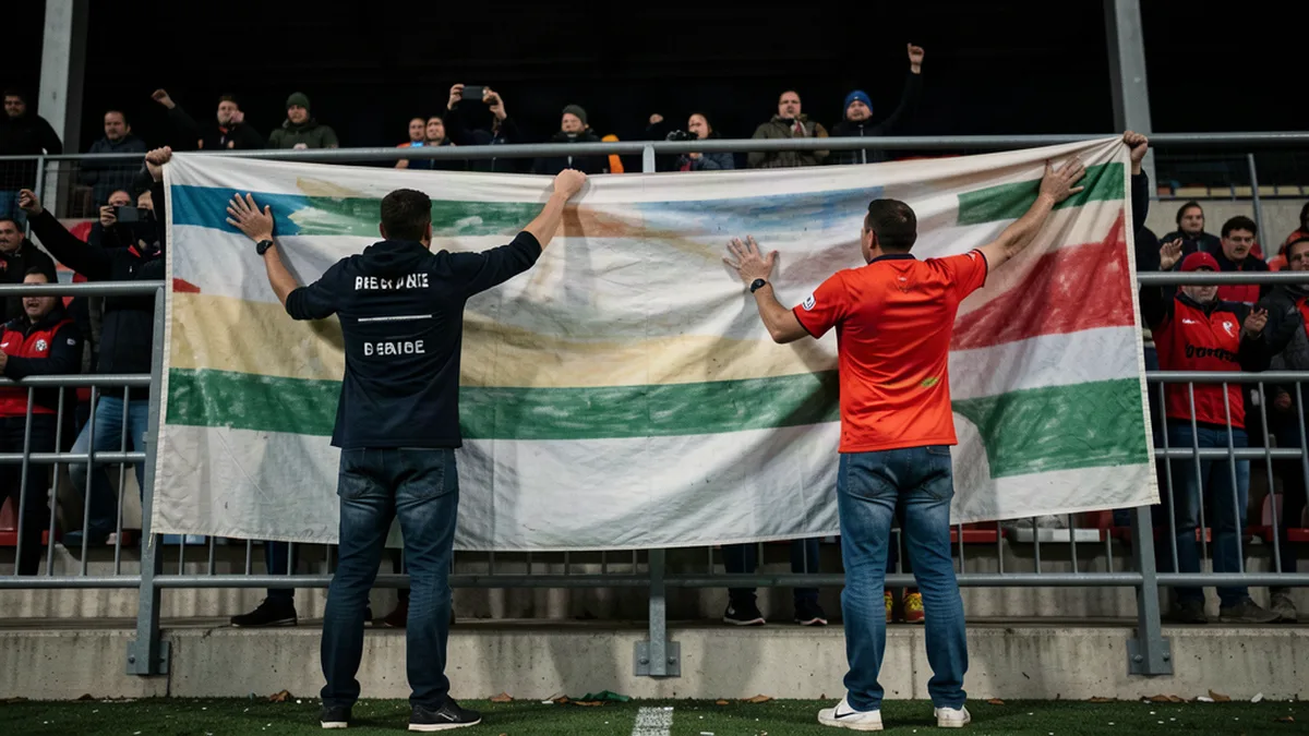 Deux supporters déploient une banderole peinte au-dessus d'une tribune de Ligue 1.