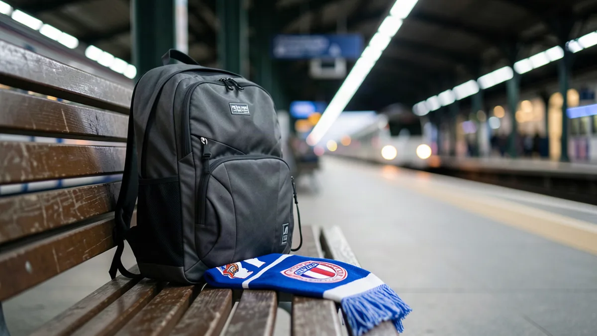 Sac à dos et écharpe posés sur un banc de gare
