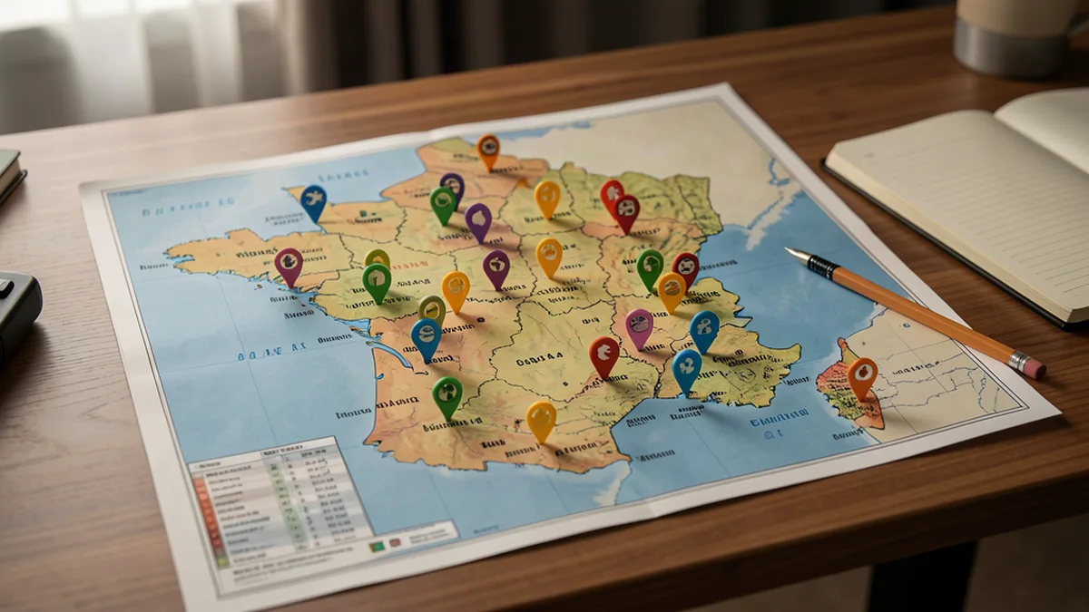 Carte de France avec des épingles sur les villes de Ligue 1