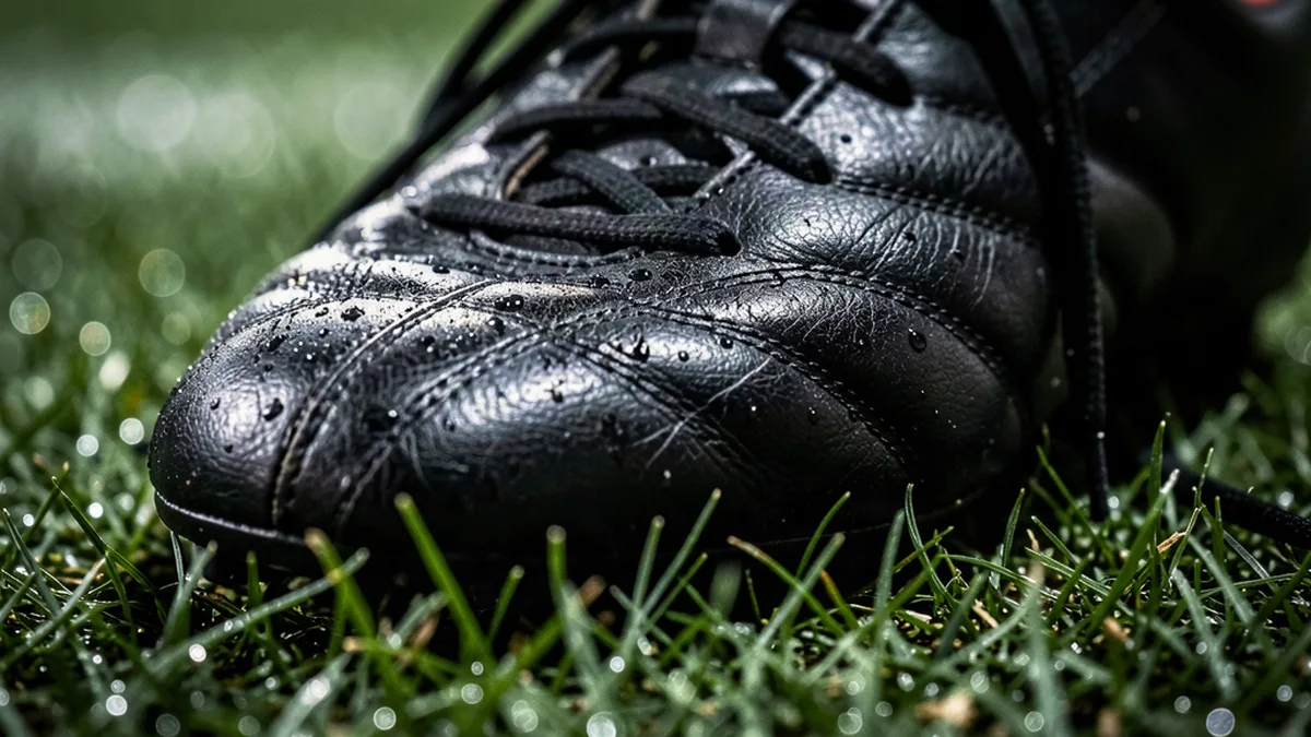 Lacets d'une paire de crampons en gros plan sur l'herbe