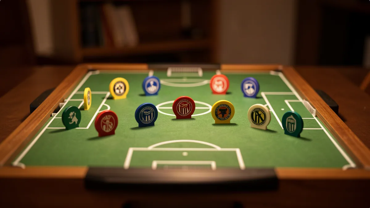 Mini-terrain avec des jetons aux couleurs des clubs de Ligue 1