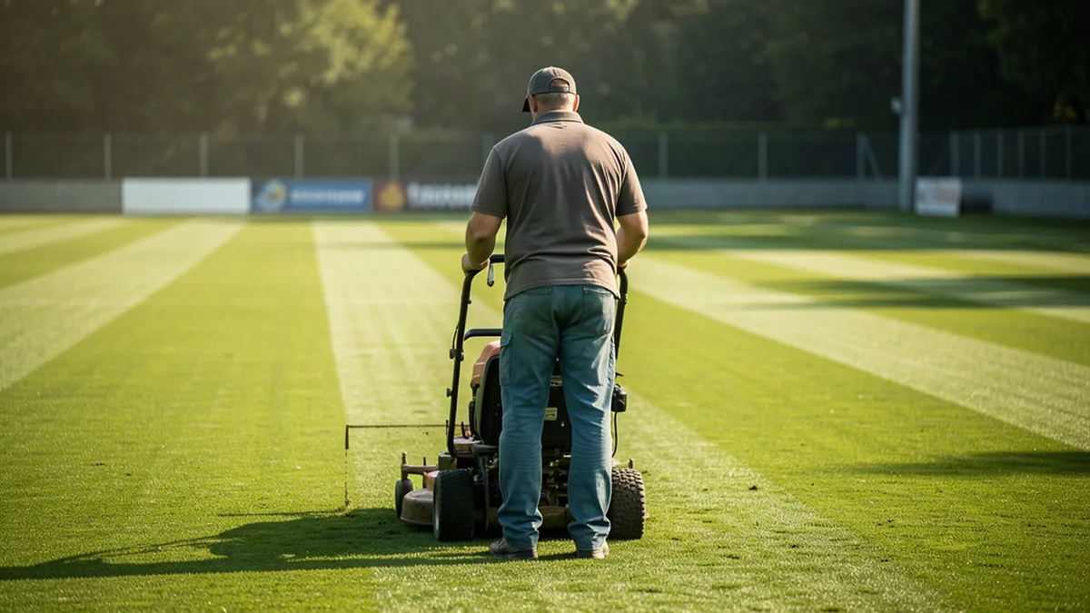 Un jardinier tond les bandes d'une pelouse de Ligue 1 au matin