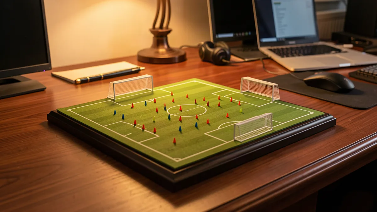 Maquette d'un stade posée sur le bureau d'un staff