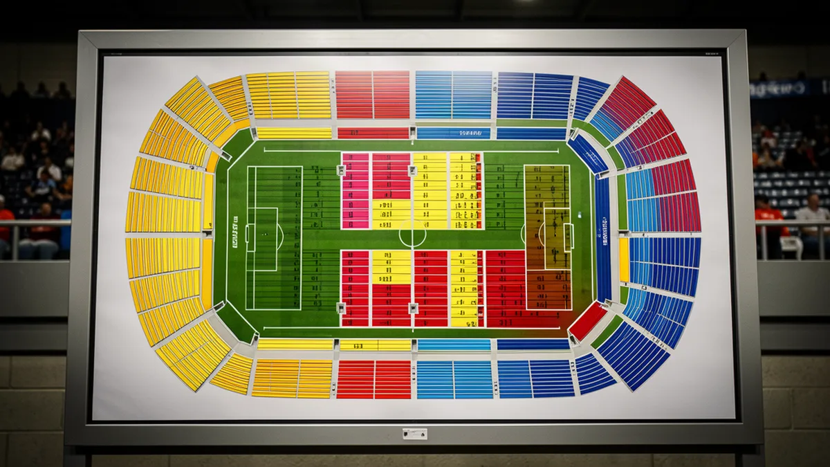 Plan des tribunes d'un stade avec zones colorées