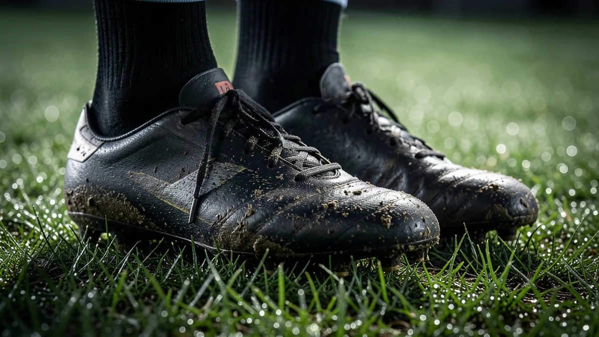 Crampons sur la pelouse humide en gros plan