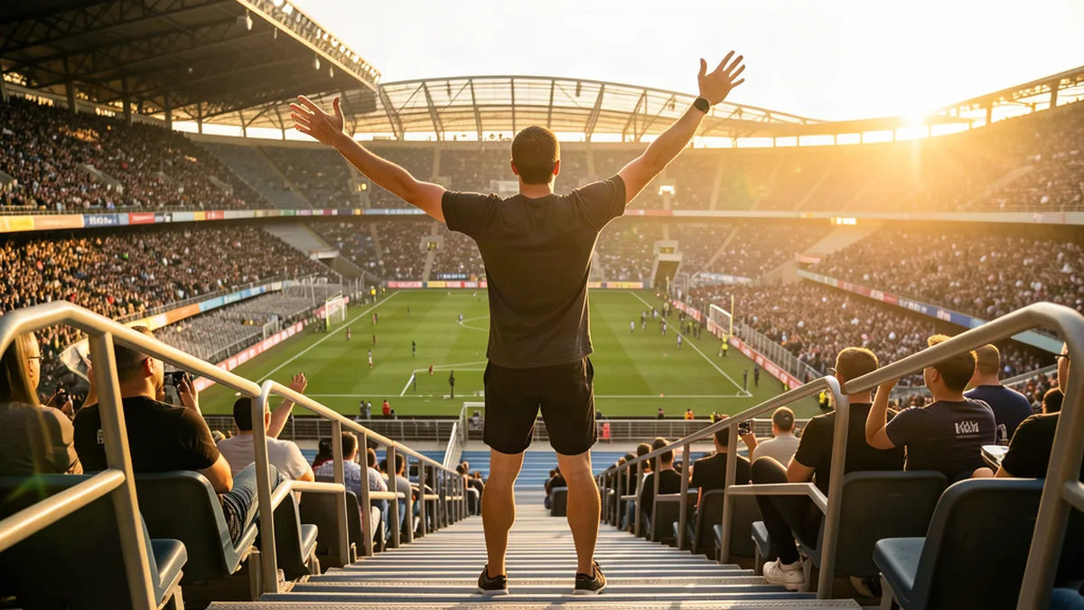 Un supporter découvre la pelouse les bras levés depuis le haut des tribunes