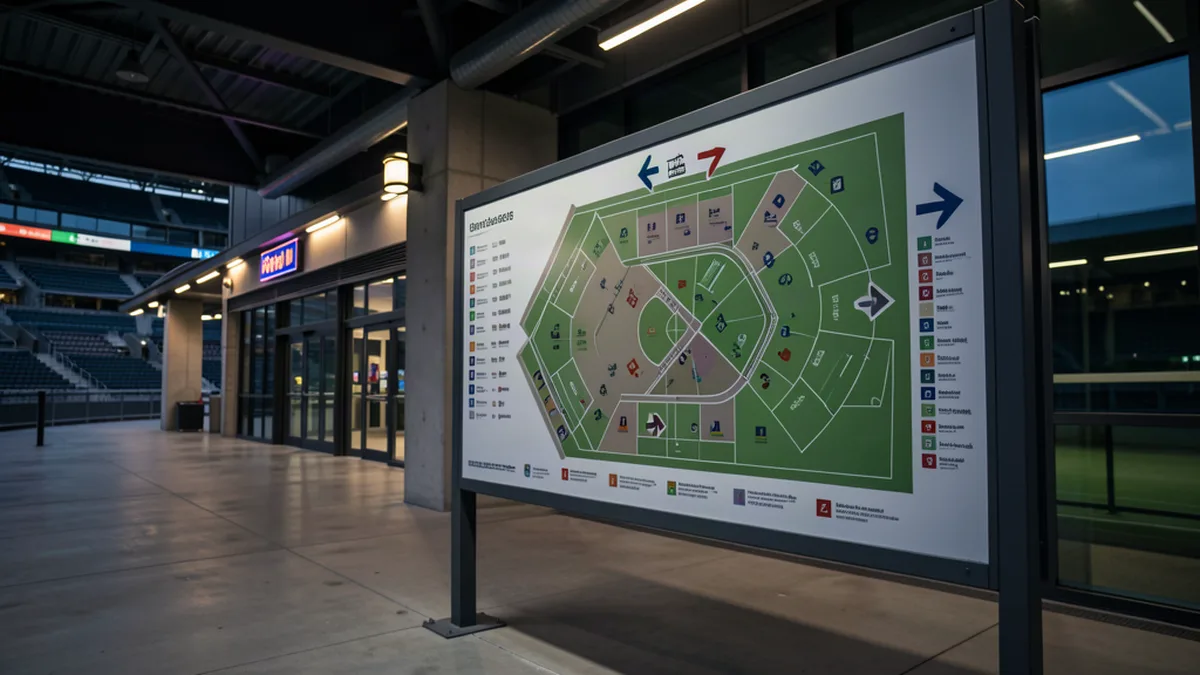 Panneau d'orientation d'un stade avec secteurs et flèches