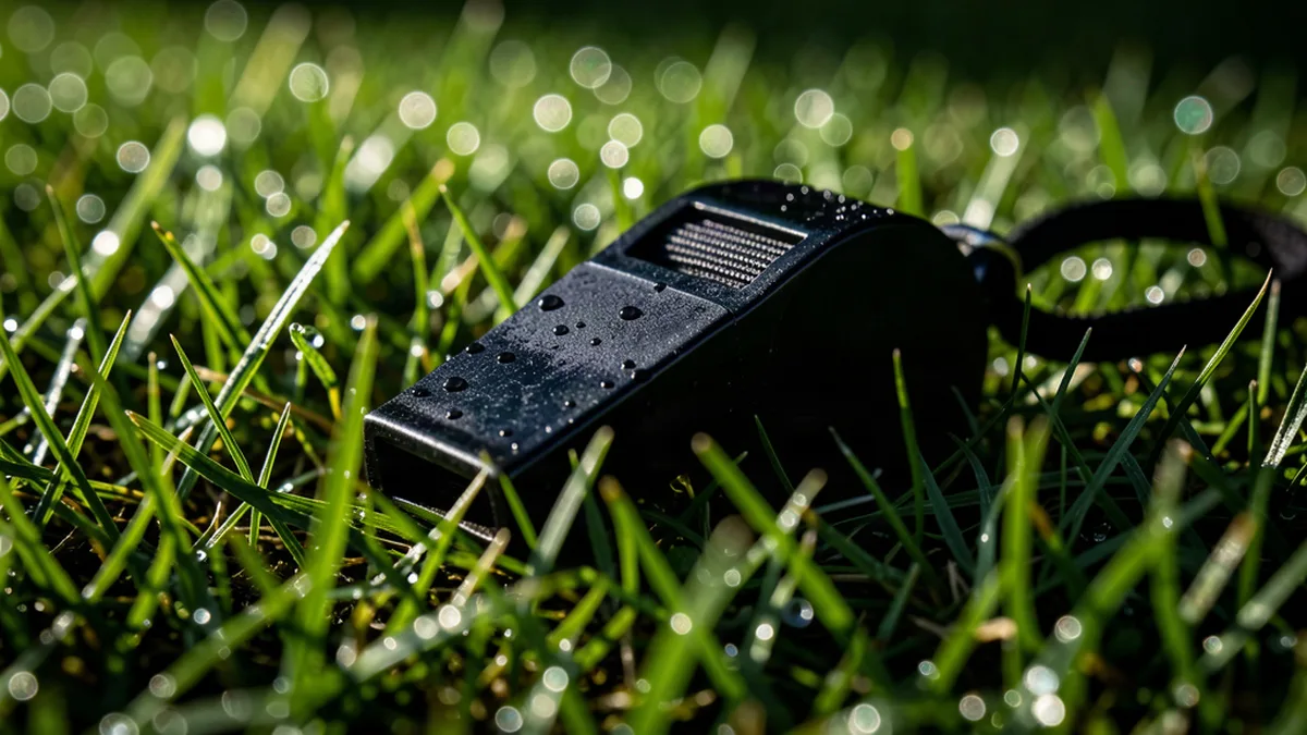 Sifflet d'arbitre posé sur l'herbe en gros plan