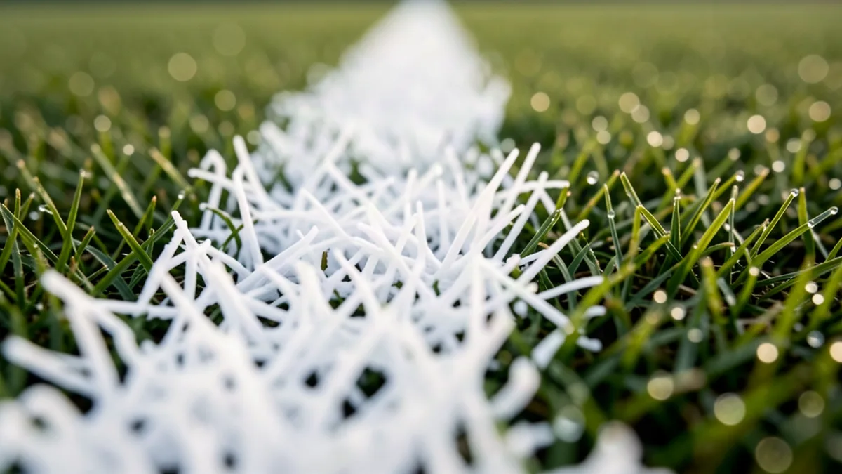 Ligne blanche et gazon d'un terrain de Ligue 1 en gros plan