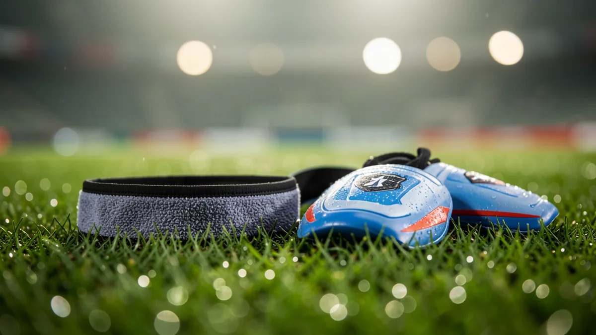 Protège-tibias posés sur l'herbe humide avant un match de Ligue 1