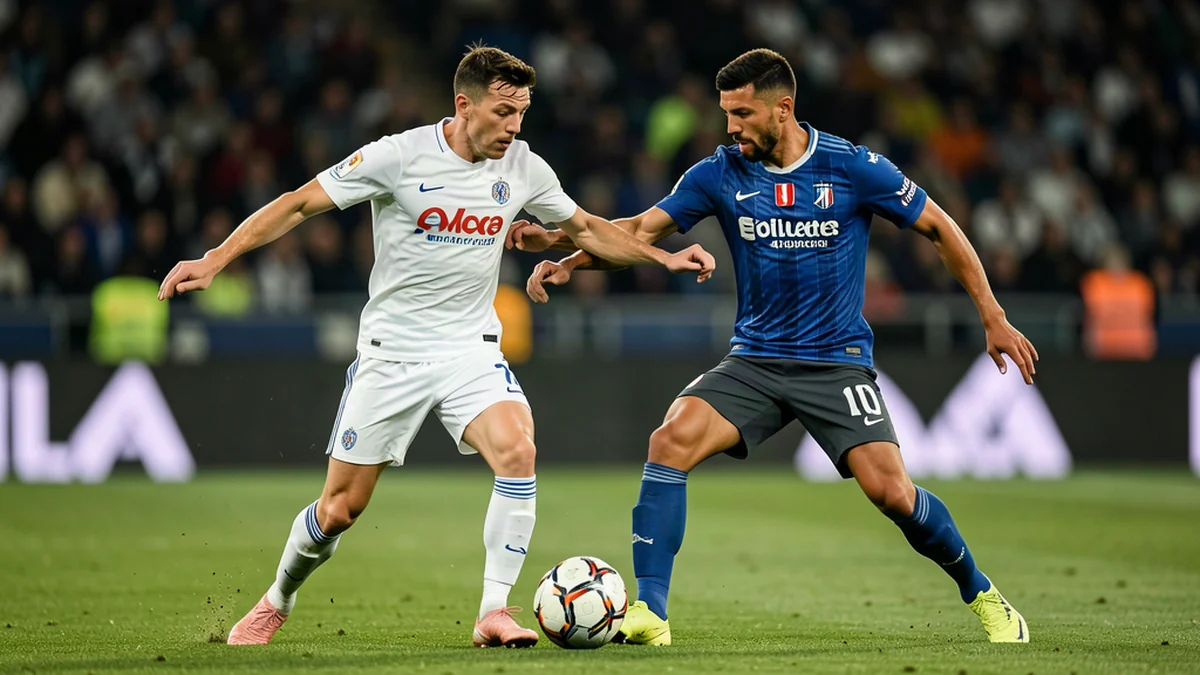 Deux joueurs de Ligue 1 se disputent le ballon au milieu de terrain dans un duel intense.