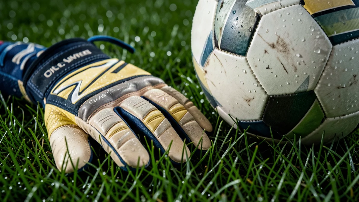 Gants de gardien et ballon posés sur une pelouse humide en gros plan de détail.