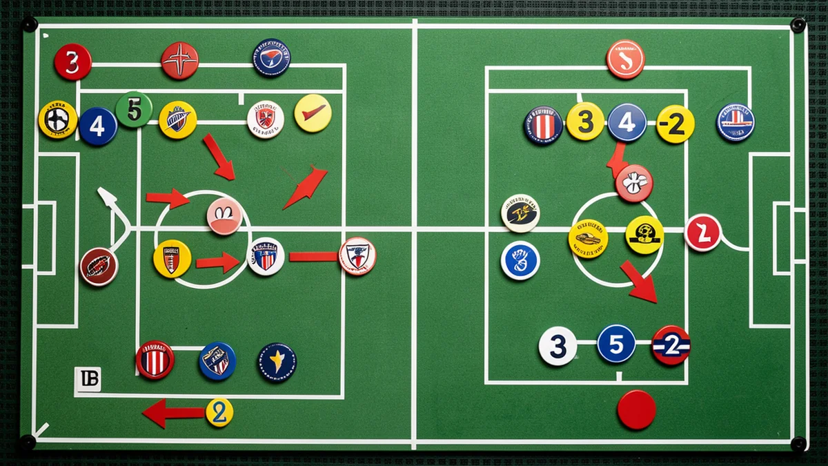 Tableau magnétique de touche avec jetons disposés en 4-3-3 face à un 3-5-2 fléché.