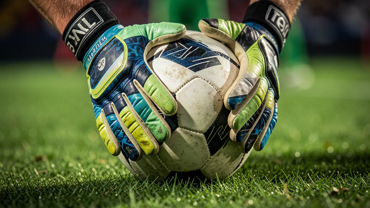 Gants de gardien enserrant un ballon sur la pelouse