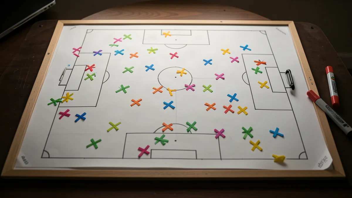 Tableau avec une carte de tirs marquée de croix colorées